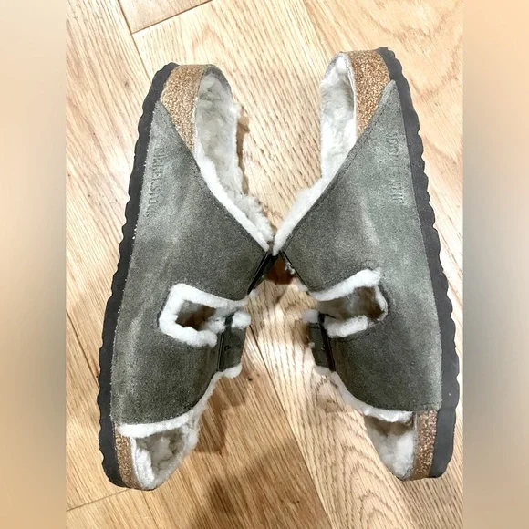 Birkenstock Arizona shearling suede leather sandal sz US 7-7.5 38 unisex olive - Picture 6 of 9